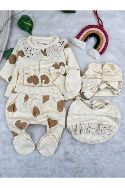 My Heart Desenli %100 Pamuk 5 Parça Premium Yenidoğan Set - KREM