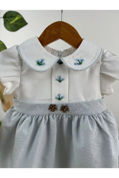 Nakışlı Bebe Yakalı Kız Bebek Elbise - BUZ MAVİSİ