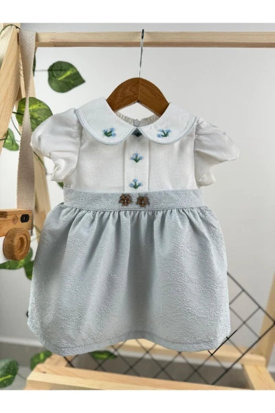 Nakışlı Bebe Yakalı Kız Bebek Elbise - BUZ MAVİSİ