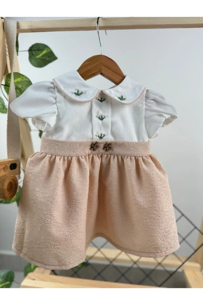 Nakışlı Bebe Yakalı Kız Bebek Elbise - TEN RENGİ