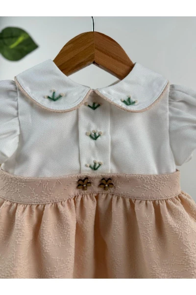 Nakışlı Bebe Yakalı Kız Bebek Elbise - TEN RENGİ