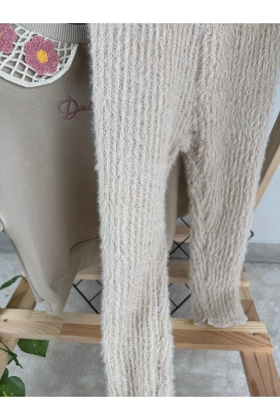 Nakışlı Yakalı Örme Taytlı 3 İp Kışlık Kız Bebek/Çocuk İkili Takım - BEJ