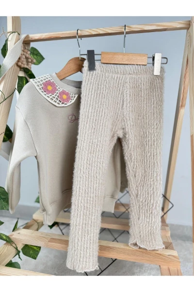 Nakışlı Yakalı Örme Taytlı 3 İp Kışlık Kız Bebek/Çocuk İkili Takım - BEJ
