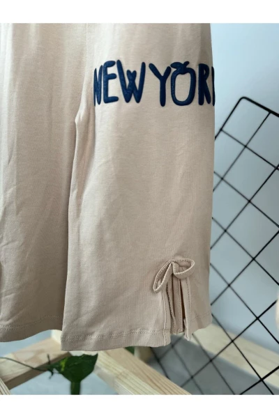 New York Baskılı Paça Detaylı Yazlık Kız Çocuk İkili Takım - SÜTLÜ KAHVE