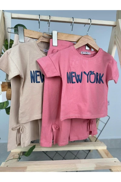 New York Baskılı Paça Detaylı Yazlık Kız Çocuk İkili Takım - PEMBE