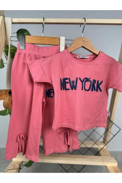 New York Baskılı Paça Detaylı Yazlık Kız Çocuk İkili Takım - PEMBE