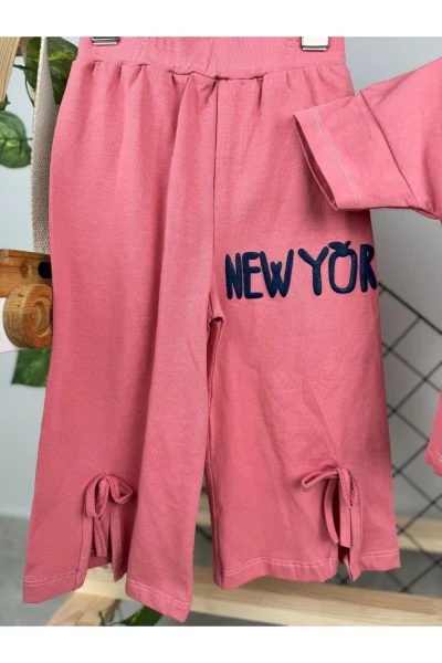 New York Baskılı Paça Detaylı Yazlık Kız Çocuk İkili Takım - PEMBE