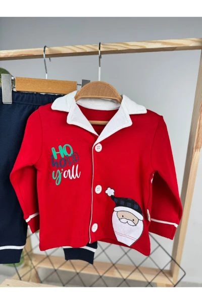 Noel Baba Ho Ho Baskılı Düğmeli Unisex Pijama Takım - KIRMIZI