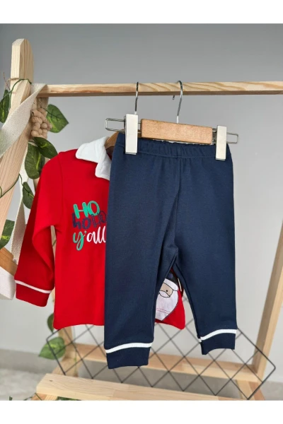 Noel Baba Ho Ho Baskılı Düğmeli Unisex Pijama Takım - KIRMIZI