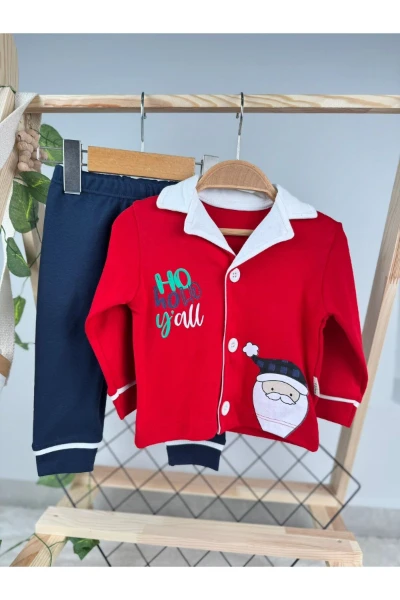 Noel Baba Ho Ho Baskılı Düğmeli Unisex Pijama Takım - KIRMIZI