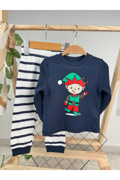 Noel Baskılı Çizgili Mevsimlik Erkek Bebek/Çocuk Pijama Takım - LACİVERT