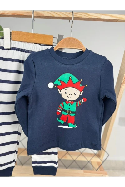 Noel Baskılı Çizgili Mevsimlik Erkek Bebek/Çocuk Pijama Takım - LACİVERT