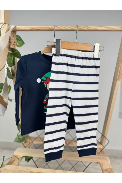 Noel Baskılı Çizgili Mevsimlik Erkek Bebek/Çocuk Pijama Takım - LACİVERT