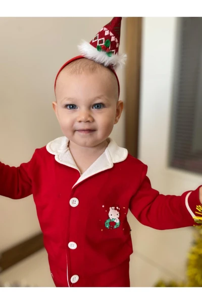 Noel Kedi Baskılı Düğmeli Kız Bebek/Çocuk Pijama İkili Takım - KIRMIZI