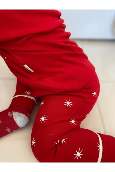 Noel Kedi Baskılı Düğmeli Kız Bebek/Çocuk Pijama İkili Takım - KIRMIZI