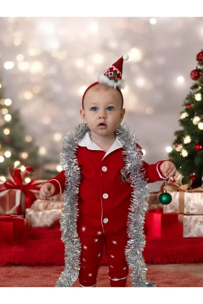 Noel Kedi Baskılı Düğmeli Kız Bebek/Çocuk Pijama İkili Takım - KIRMIZI