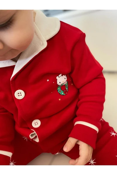 Noel Kedi Baskılı Düğmeli Kız Bebek/Çocuk Pijama İkili Takım - KIRMIZI
