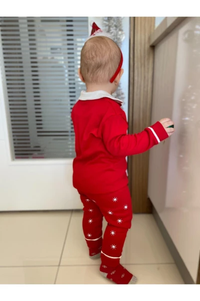 Noel Kedi Baskılı Düğmeli Kız Bebek/Çocuk Pijama İkili Takım - KIRMIZI