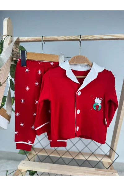 Noel Kedi Baskılı Düğmeli Kız Bebek/Çocuk Pijama İkili Takım - KIRMIZI