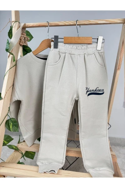 NY Yankess 3 İp Kışlık Unisex Çocuk İkili Takıım - BEJ