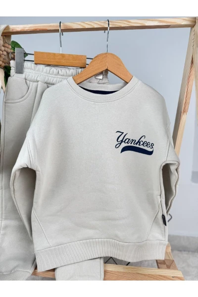 NY Yankess 3 İp Kışlık Unisex Çocuk İkili Takıım - BEJ