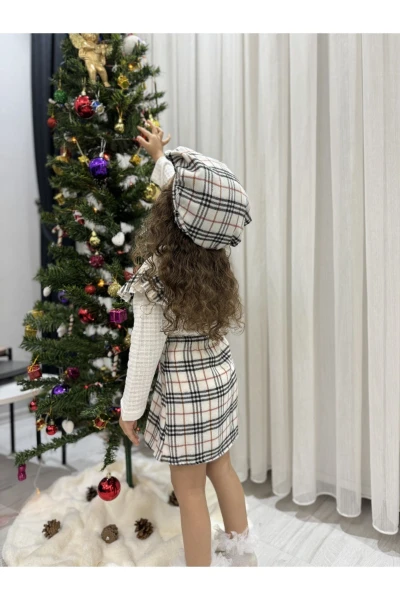 Oduncu Etekli %100 Pamuk Kumaş Badili Şapkalı Kışlık Kız Bebek Üçlü Takım - KREM