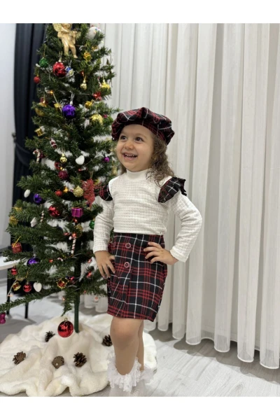 Oduncu Etekli %100 Pamuk Kumaş Badili Şapkalı Kışlık Kız Bebek Üçlü Takım - KIRMIZI