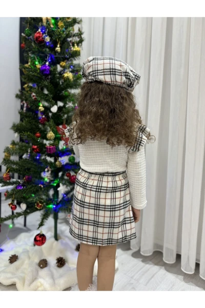 Oduncu Etekli %100 Pamuk Kumaş Badili Şapkalı Kışlık Kız Bebek Üçlü Takım - KREM