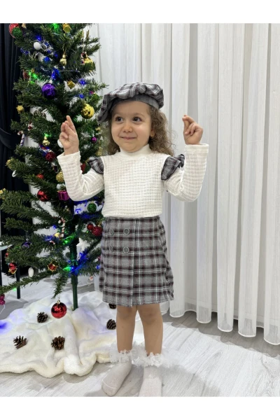 Oduncu Etekli %100 Pamuk Kumaş Badili Şapkalı Kışlık Kız Bebek Üçlü Takım - SİYAH