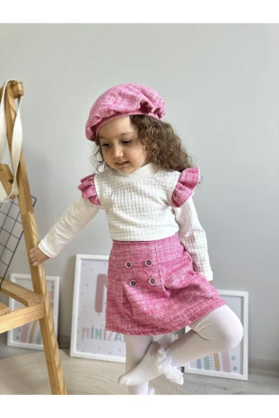 Oduncu Etekli %100 Pamuk Kumaş Badili Şapkalı Kışlık Kız Bebek Üçlü Takım - PEMBE
