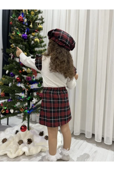 Oduncu Etekli %100 Pamuk Kumaş Badili Şapkalı Kışlık Kız Bebek Üçlü Takım - KIRMIZI