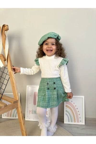 Oduncu Etekli %100 Pamuk Kumaş Badili Şapkalı Kışlık Kız Bebek Üçlü Takım - YEŞİL