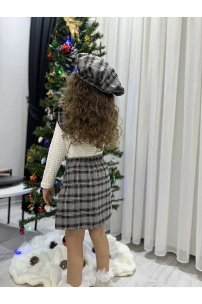 Oduncu Etekli %100 Pamuk Kumaş Badili Şapkalı Kışlık Kız Bebek Üçlü Takım - SİYAH