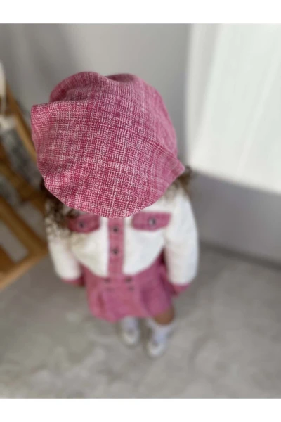 Oduncu Etekli Peluş Hırkalı Şapkalı Kışlık Kız Bebek Üçlü Takım Üçlü Elbise - PEMBE