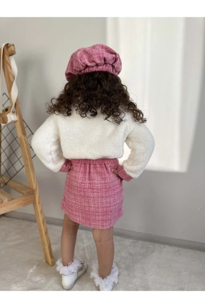 Oduncu Etekli Peluş Hırkalı Şapkalı Kışlık Kız Bebek Üçlü Takım Üçlü Elbise - PEMBE