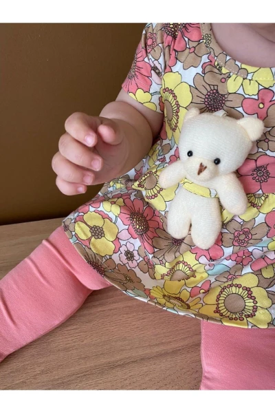 OYUNCAK AYICIKLI DESENLİ TAYTLI KIZ BEBEK İKİLİ TAKIM - GÜL KURUSU