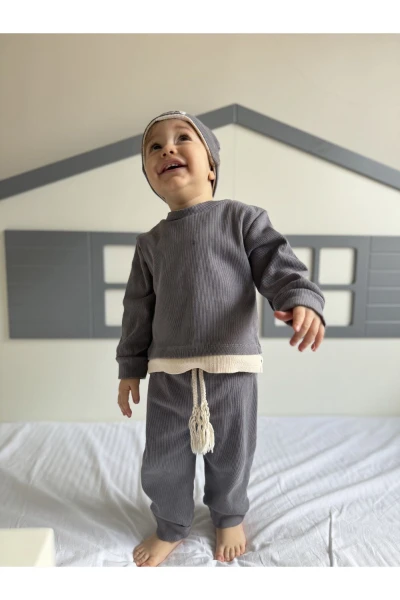 Pamuklu Bereli Bebek ve Çocuk 3'lü Takım - GRİ
