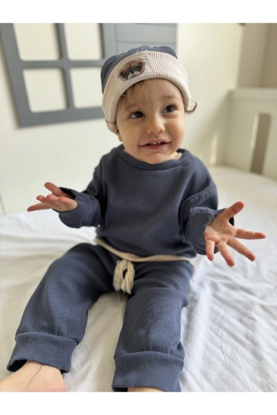 Pamuklu Bereli Bebek ve Çocuk 3'lü Takım - LACİVERT