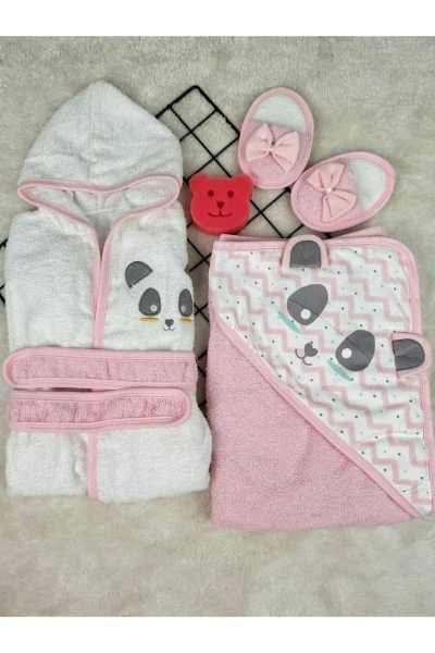 Pandalı %100 Pamuk 5 Parça Bebek/Çocuk Havlu Bornoz Seti - PEMBE