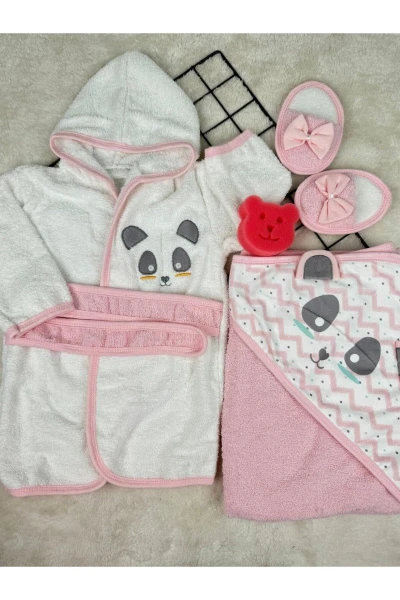 Pandalı %100 Pamuk 5 Parça Bebek/Çocuk Havlu Bornoz Seti - PEMBE
