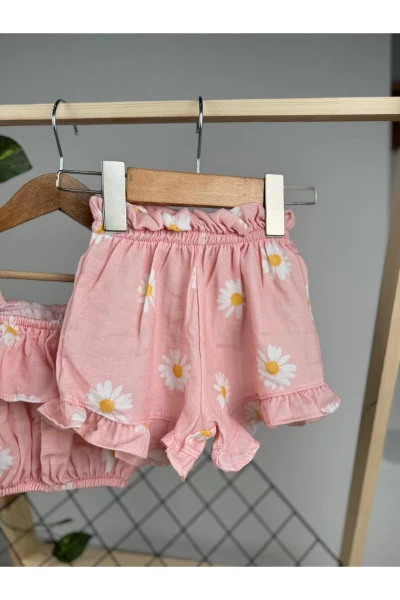 Papatya Desenli Müslin Kumaş Şortlu Yazlık İpli Bebek/Çocuk İkili Takım - PUDRA PEMBE