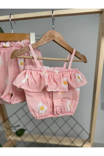 Papatya Desenli Müslin Kumaş Şortlu Yazlık İpli Bebek/Çocuk İkili Takım - PUDRA PEMBE