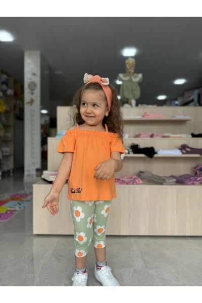 PAPATYA DESENLİ OMZU İPLİ İKİLİ KIZ BEBEK/ÇOCUK TAKIM - TURUNCU
