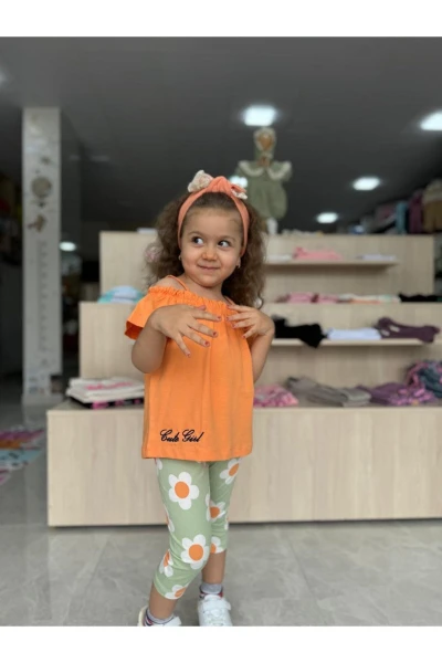 PAPATYA DESENLİ OMZU İPLİ İKİLİ KIZ BEBEK/ÇOCUK TAKIM - TURUNCU