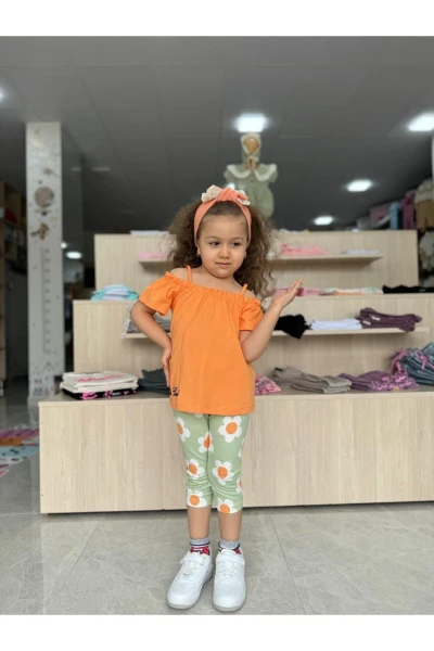PAPATYA DESENLİ OMZU İPLİ İKİLİ KIZ BEBEK/ÇOCUK TAKIM - TURUNCU