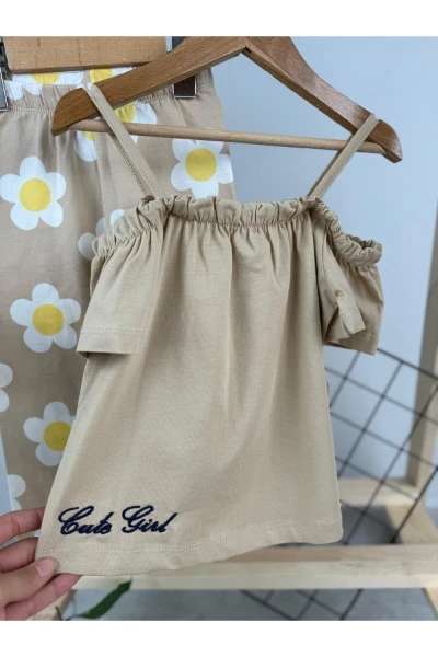 PAPATYA DESENLİ OMZU İPLİ İKİLİ KIZ BEBEK/ÇOCUK TAKIM - KAHVERENGİ