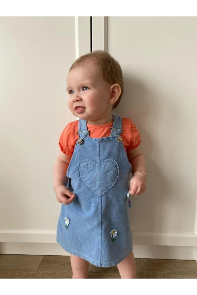 Papatya Nakışlı Likralı Yumuşacık Kumaş Kot Jile Elbiseli Fırfır Kollu Tişörtlü 2'li Elbise Set - NARÇİÇEĞİ