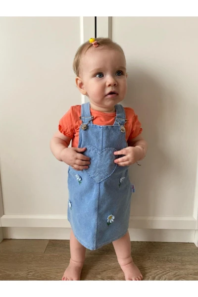 Papatya Nakışlı Likralı Yumuşacık Kumaş Kot Jile Elbiseli Fırfır Kollu Tişörtlü 2'li Elbise Set - NARÇİÇEĞİ