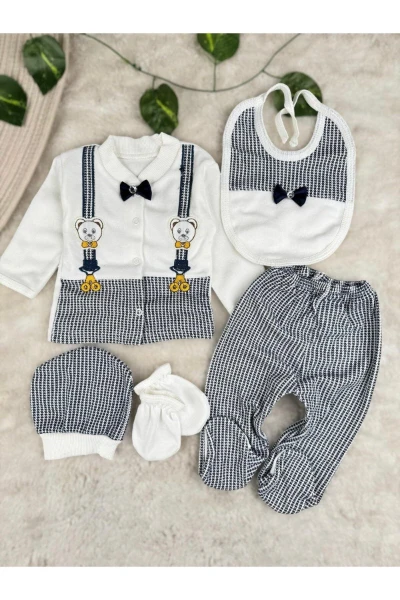 Papyon Detaylı Teddy Bear 5 Parça %100 Pamuk Kutulu Yenidoğan Set - LACİVERT