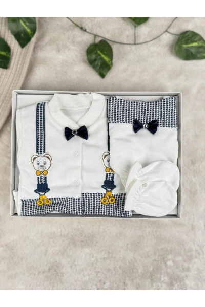 Papyon Detaylı Teddy Bear 5 Parça %100 Pamuk Kutulu Yenidoğan Set - LACİVERT